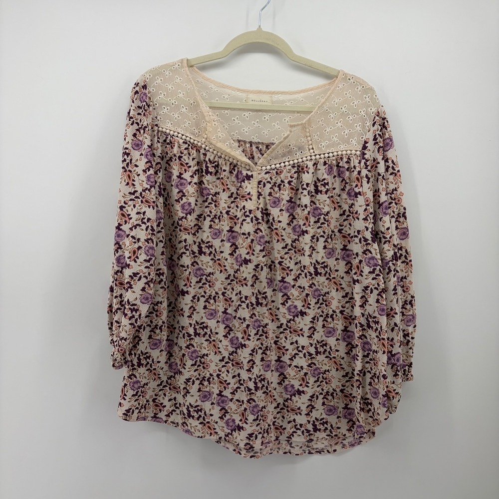 Melloday Womens 2X Purple Floral Paisley Eyelet Lace Boho Blouse Pom Pom Trim